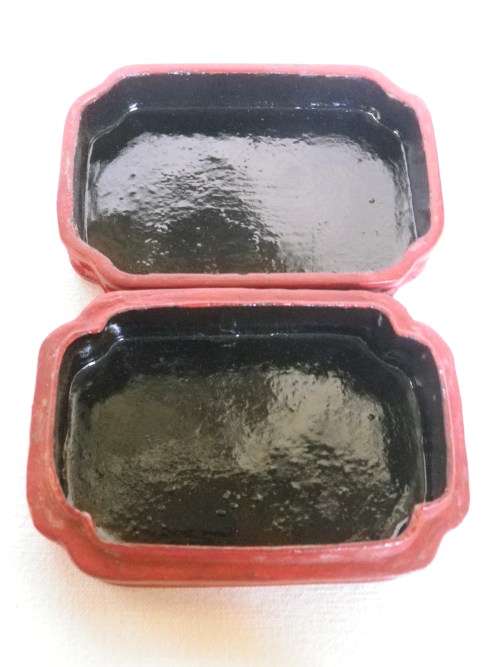 Vintage Chinese Cinnabar Carved Resin Lidded Box. 2 sages in conversation. 11x 7.5x 4.5cm