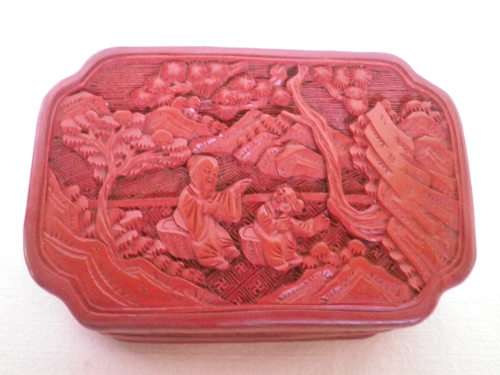Vintage Chinese Cinnabar Carved Resin Lidded Box. 2 sages in conversation. 11x 7.5x 4.5cm