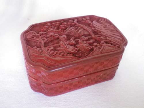 Vintage Chinese Cinnabar Carved Resin Lidded Box. 2 sages in conversation. 11x 7.5x 4.5cm
