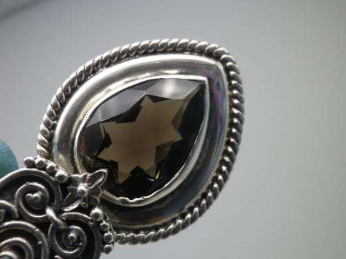 STERLING SILVER & SMOKEY QUARTZ LARGE VINTAGE PENDANT. MAGNIFICENT. 4.5 x3 cm 22grms