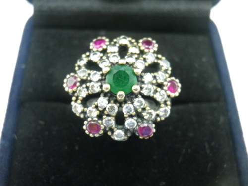 Sterling silver, Ruby and Emerald Ring. Circus top with Gold accents Size N EXQUISITE