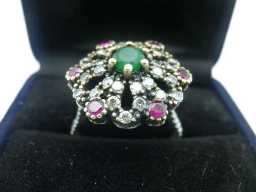 Sterling silver, Ruby and Emerald Ring. Circus top with Gold accents Size N EXQUISITE