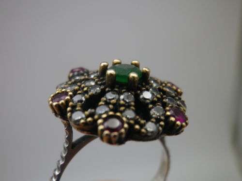 Sterling silver, Ruby and Emerald Ring. Circus top with Gold accents Size N EXQUISITE