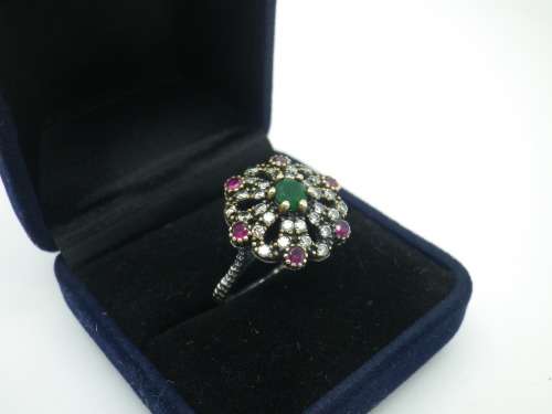 Sterling silver, Ruby and Emerald Ring. Circus top with Gold accents Size N EXQUISITE