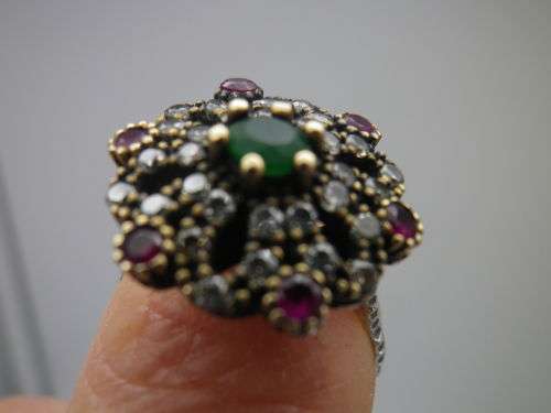 Sterling silver, Ruby and Emerald Ring. Circus top with Gold accents Size N EXQUISITE