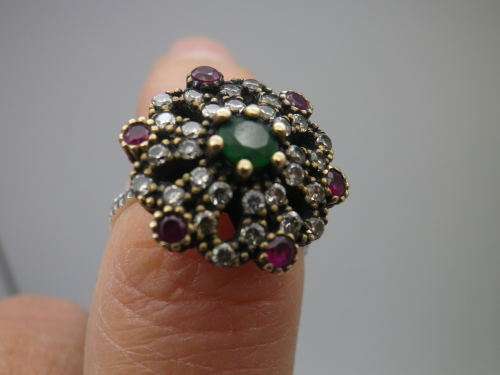 Sterling silver, Ruby and Emerald Ring. Circus top with Gold accents Size N EXQUISITE