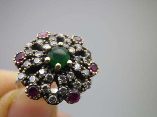 Sterling silver, Ruby and Emerald Ring. Circus top with Gold accents Size N EXQUISITE