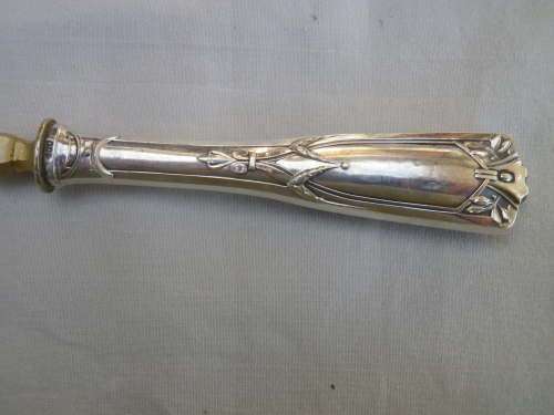 ART NOUVEAU 3 PIECE SILVER HANDLE SERVING SET. HALLMARKED CONTINENTAL SILVER.