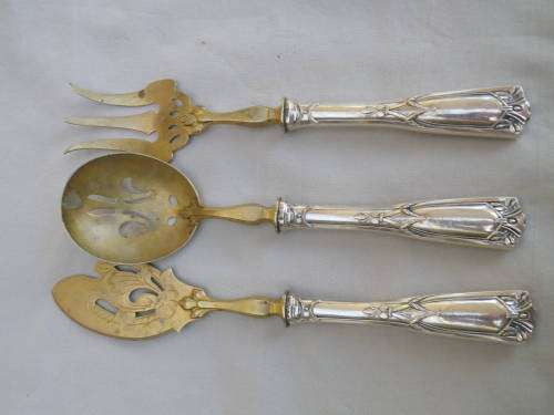 ART NOUVEAU 3 PIECE SILVER HANDLE SERVING SET. HALLMARKED CONTINENTAL SILVER.