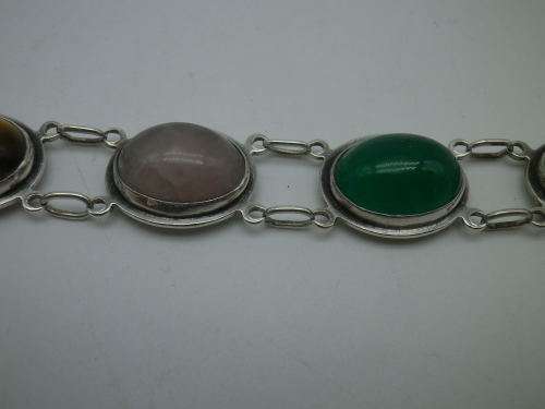 STERLING SILVER and SEVEN semi-precious stone bracelet. OBLO, South Africa 21cm WOW!!!