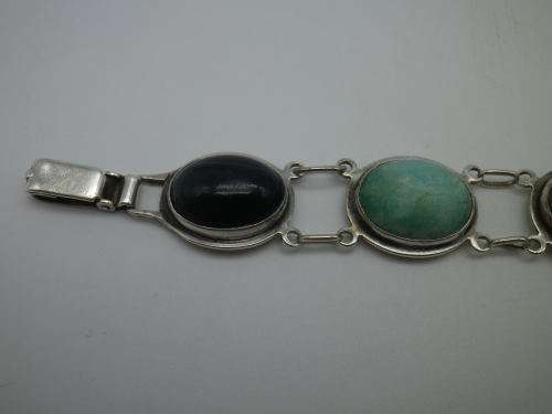 STERLING SILVER and SEVEN semi-precious stone bracelet. OBLO, South Africa 21cm WOW!!!