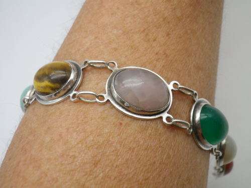 STERLING SILVER and SEVEN semi-precious stone bracelet. OBLO, South Africa 21cm WOW!!!