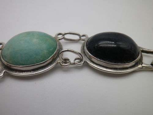 STERLING SILVER and SEVEN semi-precious stone bracelet. OBLO, South Africa 21cm WOW!!!