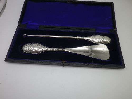 Antique Shoe Horn & Boot Hook. Hallmarked Silver handles. B/Ham 1912. WJ Myatt &Company Original Box