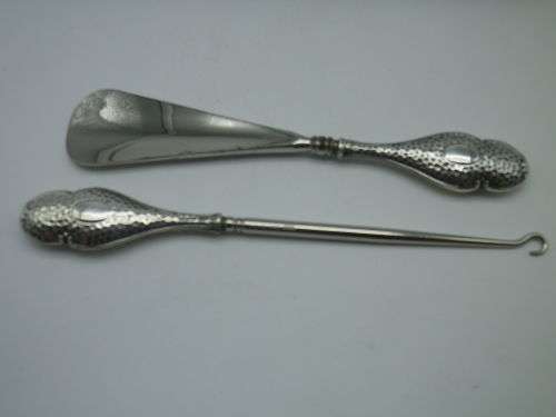 Antique Shoe Horn & Boot Hook. Hallmarked Silver handles. B/Ham 1912. WJ Myatt &Company Original Box