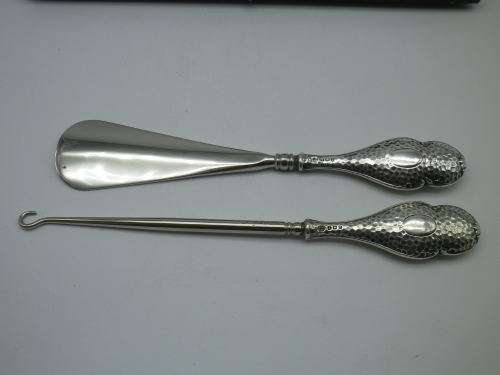 Antique Shoe Horn & Boot Hook. Hallmarked Silver handles. B/Ham 1912. WJ Myatt &Company Original Box