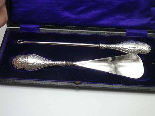 Antique Shoe Horn & Boot Hook. Hallmarked Silver handles. B/Ham 1912. WJ Myatt &Company Original Box