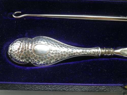Antique Shoe Horn & Boot Hook. Hallmarked Silver handles. B/Ham 1912. WJ Myatt &Company Original Box