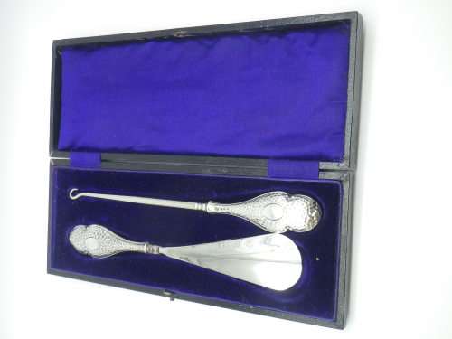Antique Shoe Horn & Boot Hook. Hallmarked Silver handles. B/Ham 1912. WJ Myatt &Company Original Box