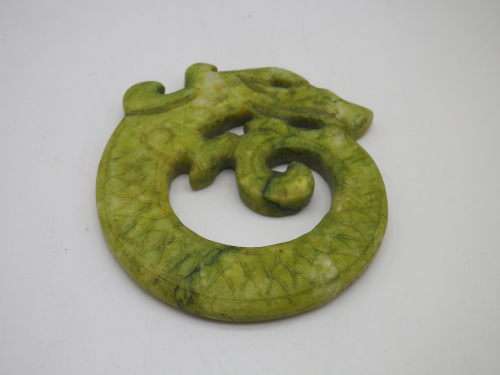 Vintage Chinese Carved Green Stone Dragon Amulet. 9 x 7.5 cm