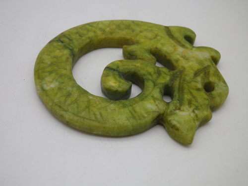 Vintage Chinese Carved Green Stone Dragon Amulet. 9 x 7.5 cm