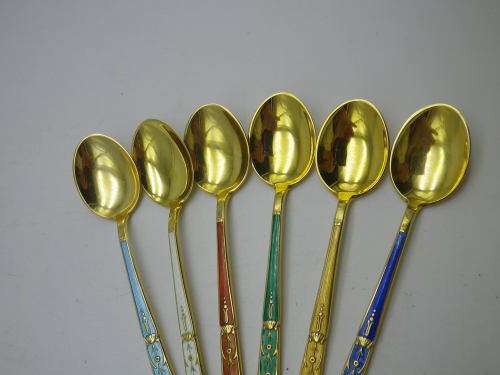 Vintage sterling silver gilt enamel spoons 43,1g. 9.5cm. Delicate & Beautiful