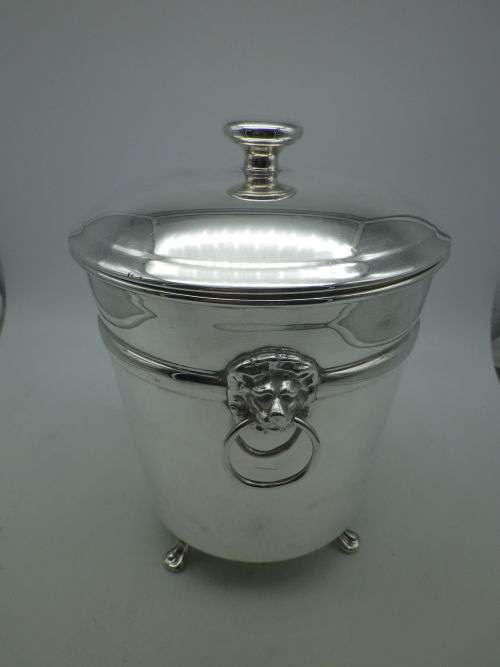 FOR KEVIN ONLY PLEASE! Silver Plated EMESS Small Ice bucket. Lidded, Lion handles 3 feet,
