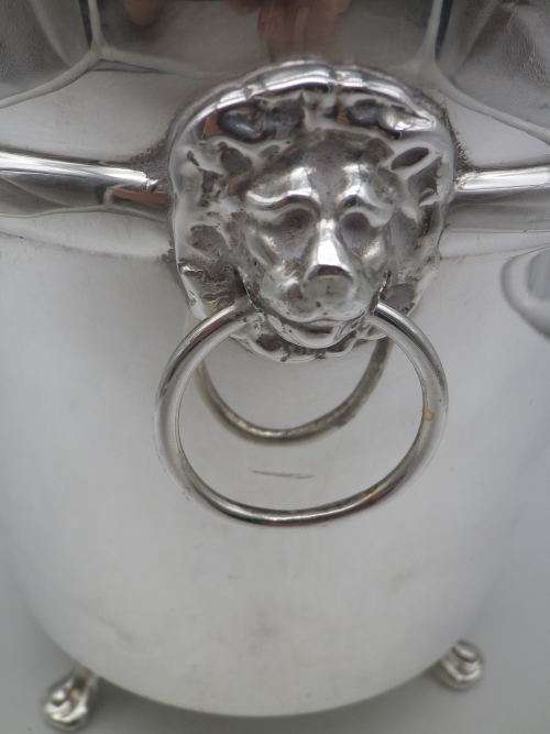 FOR KEVIN ONLY PLEASE! Silver Plated EMESS Small Ice bucket. Lidded, Lion handles 3 feet,