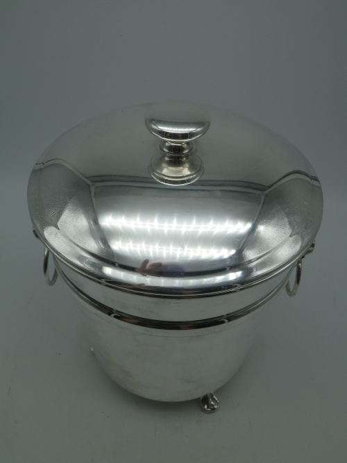 FOR KEVIN ONLY PLEASE! Silver Plated EMESS Small Ice bucket. Lidded, Lion handles 3 feet,