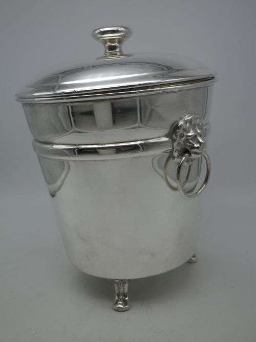 FOR KEVIN ONLY PLEASE! Silver Plated EMESS Small Ice bucket. Lidded, Lion handles 3 feet,