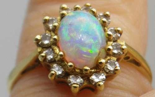 FOR TraHar5654 ONLY PLEASE!! Hallmarked 18ct Yellow Gold, Fire Opal and Diamond Ring. Size J.