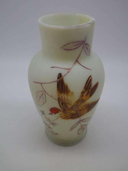 FOR MARK ONLY PLEASEURANIUM SATIN CUSTARD GLASS small vase with hand painted bird decoration