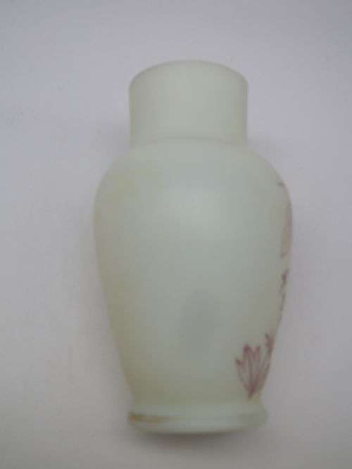FOR MARK ONLY PLEASEURANIUM SATIN CUSTARD GLASS small vase with hand painted bird decoration