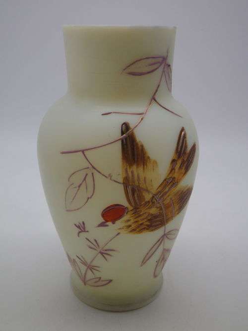FOR MARK ONLY PLEASEURANIUM SATIN CUSTARD GLASS small vase with hand painted bird decoration