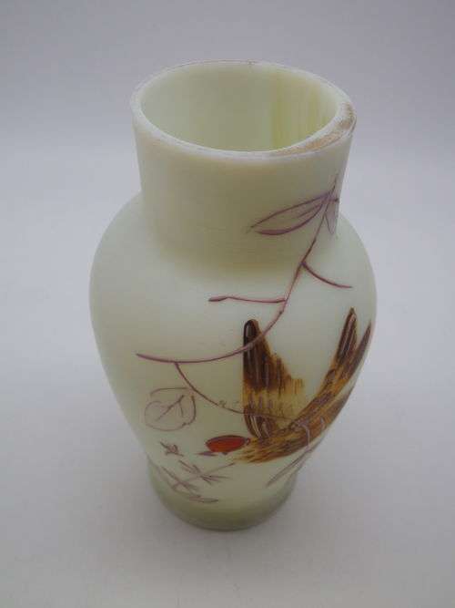 FOR MARK ONLY PLEASEURANIUM SATIN CUSTARD GLASS small vase with hand painted bird decoration