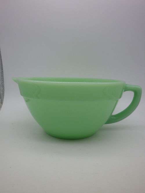 FOR JONSEO ONLY PLEASE!! Green FIRE KING, USA Milk Glass Large Vintage bowl with handle and spout