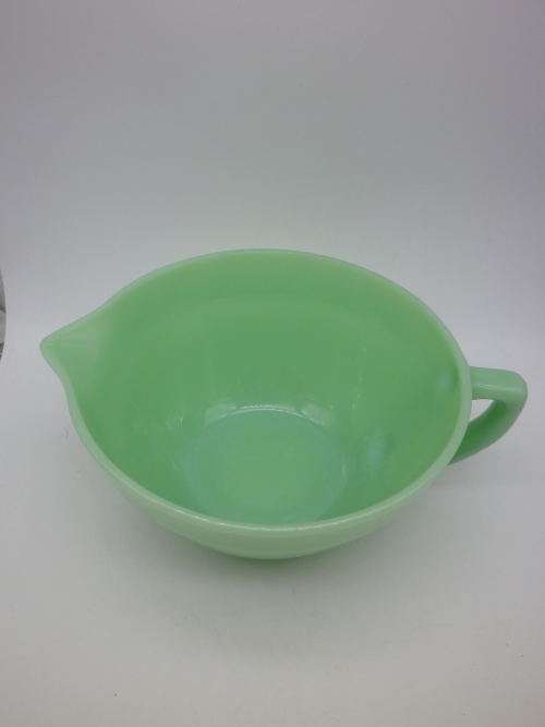 FOR JONSEO ONLY PLEASE!! Green FIRE KING, USA Milk Glass Large Vintage bowl with handle and spout