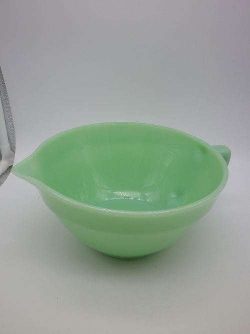 FOR JONSEO ONLY PLEASE!! Green FIRE KING, USA Milk Glass Large Vintage bowl with handle and spout