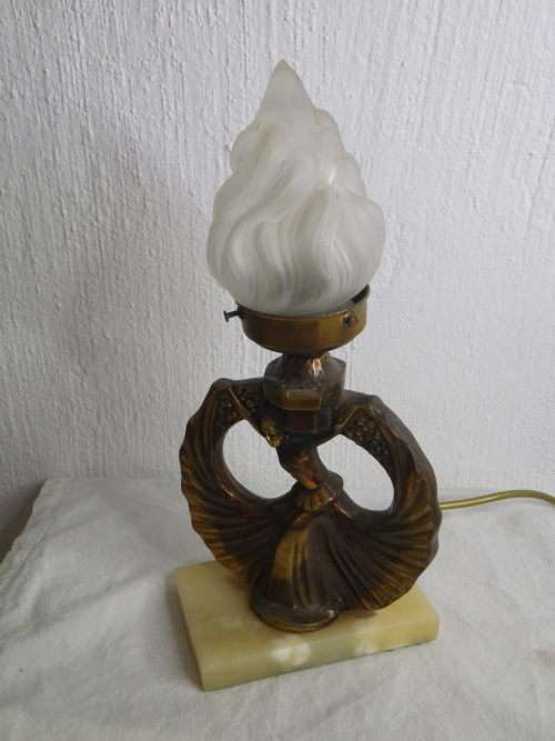 FOR LINJOU ONLY!! ART DECO Lamp. Bronze? dancing girl on marble base with glass flame shade.