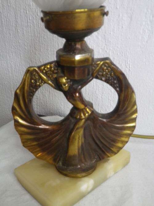 FOR LINJOU ONLY!! ART DECO Lamp. Bronze? dancing girl on marble base with glass flame shade.