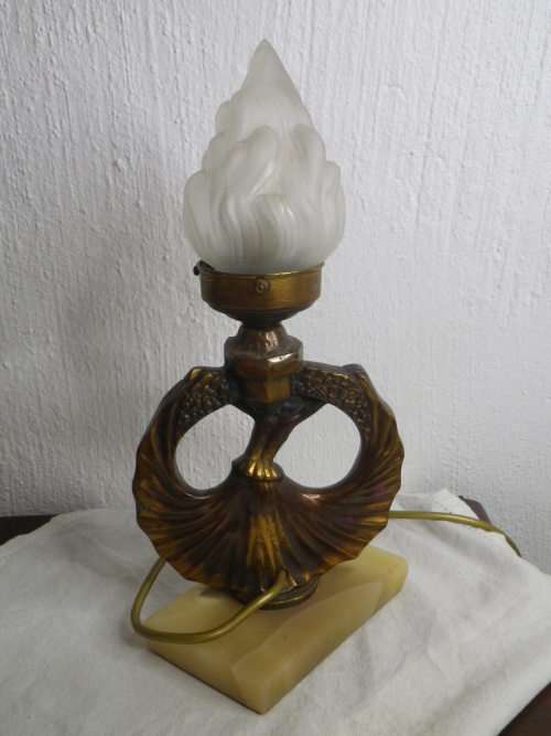 FOR LINJOU ONLY!! ART DECO Lamp. Bronze? dancing girl on marble base with glass flame shade.