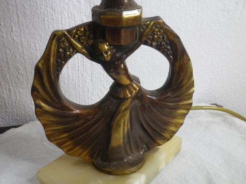FOR LINJOU ONLY!! ART DECO Lamp. Bronze? dancing girl on marble base with glass flame shade.