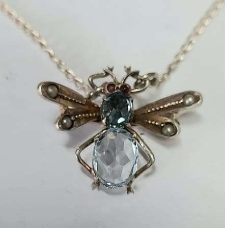 Edwardian c1910 Sterling Silver, Topaz and Seed Pearl Mechanical Bee Necklace 4,1g
