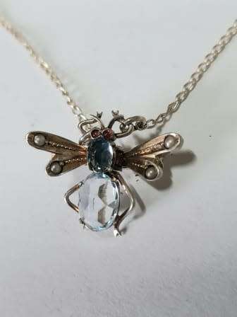 Edwardian c1910 Sterling Silver, Topaz and Seed Pearl Mechanical Bee Necklace 4,1g