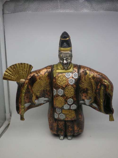 Oriental Masked Actor Painted Metal Figurine, Removeable mask and fan. 32cm