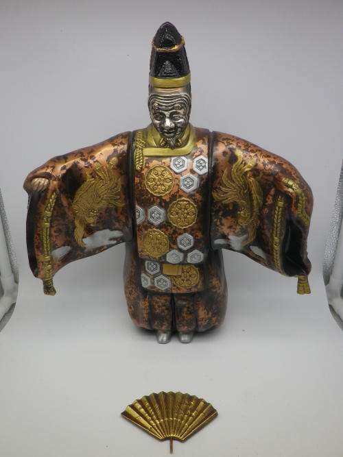 Oriental Masked Actor Painted Metal Figurine, Removeable mask and fan. 32cm