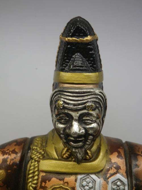 Oriental Masked Actor Painted Metal Figurine, Removeable mask and fan. 32cm
