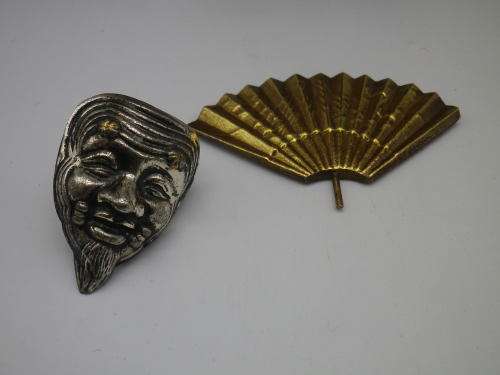 Oriental Masked Actor Painted Metal Figurine, Removeable mask and fan. 32cm