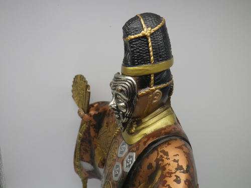 Oriental Masked Actor Painted Metal Figurine, Removeable mask and fan. 32cm