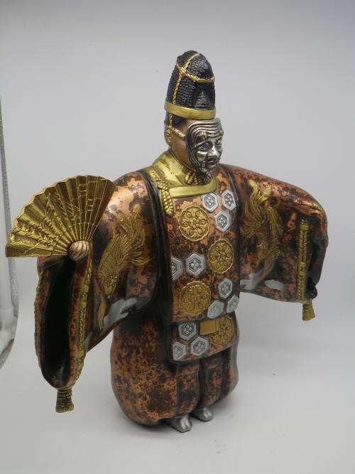 Oriental Masked Actor Painted Metal Figurine, Removeable mask and fan. 32cm